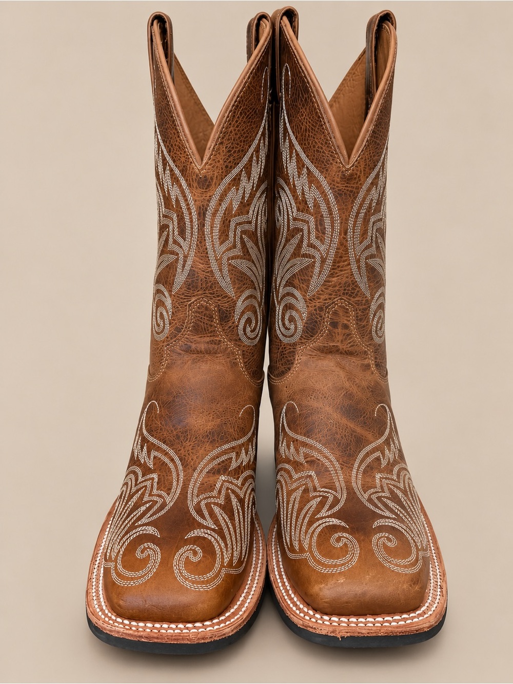 Justin Women’s Brown Leather Western Cowboy Boots Embroidered Square Toe 7B